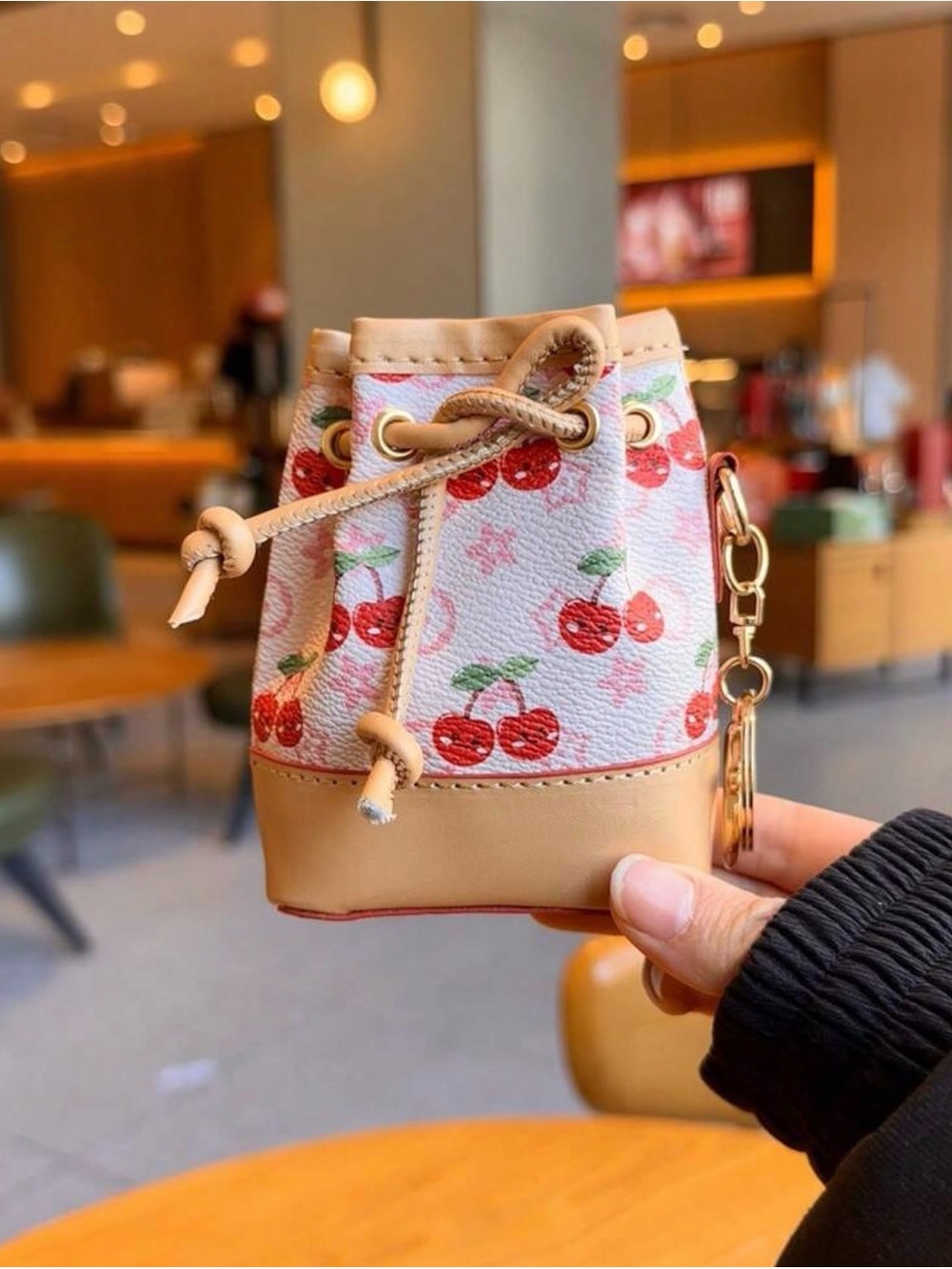 Keychain/Bag Charm Cherry Print Mini Drawstring Bucket Bag - Pink/Beige
